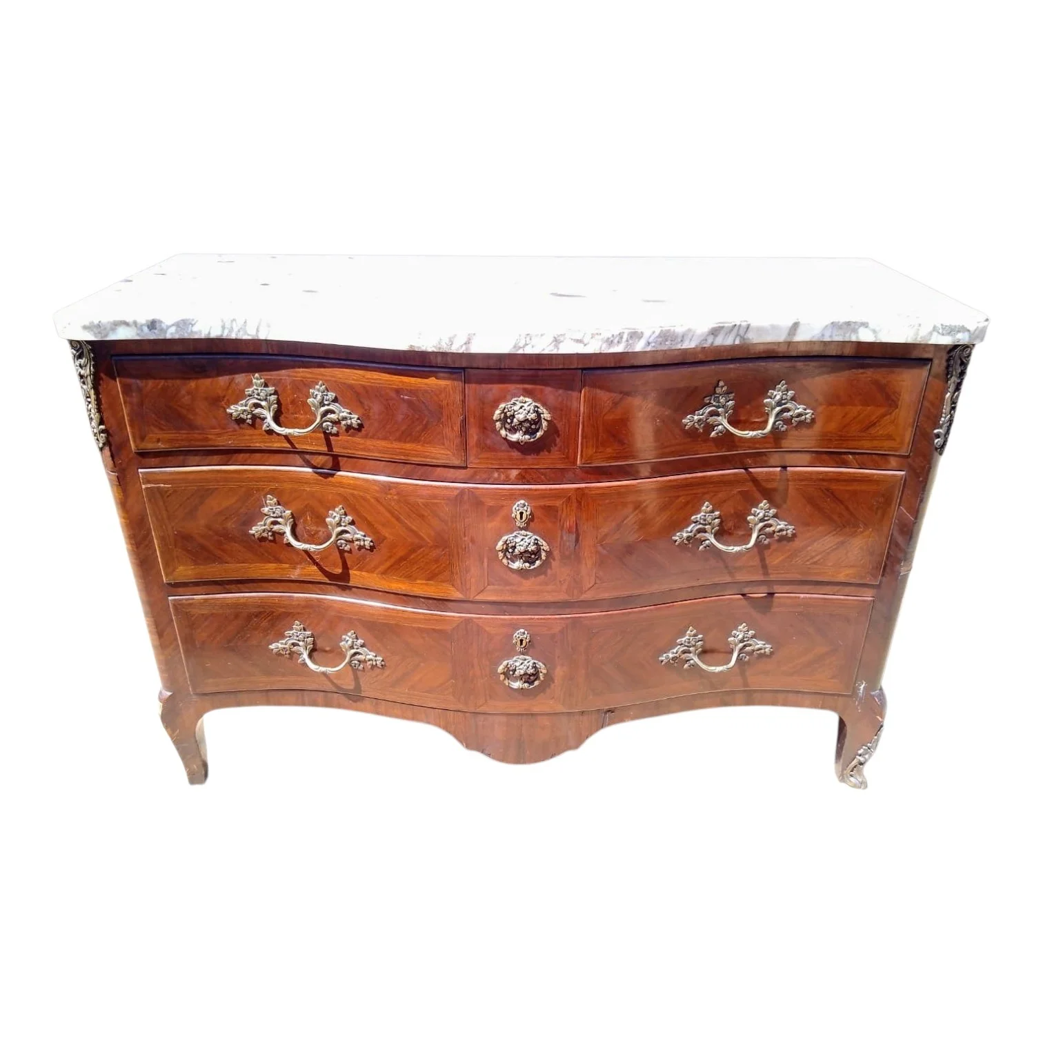 Cómoda francesa antigua estilo Luis XV madera y mármol