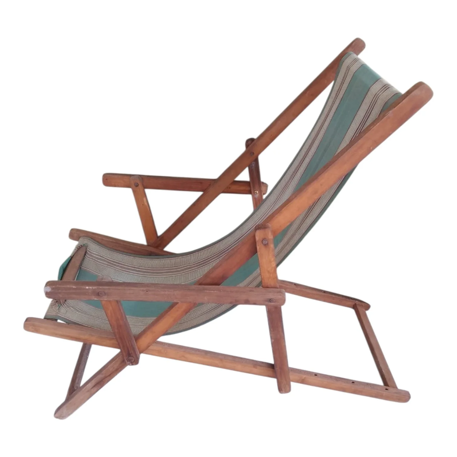 Reposera de madera y tela plegable en base verde. — foto 3